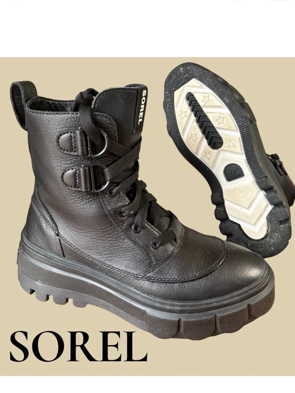Sorel Lennox Lace Black Leather Combat Boots Lug Sole Womens 7.5 Like new! EUC!